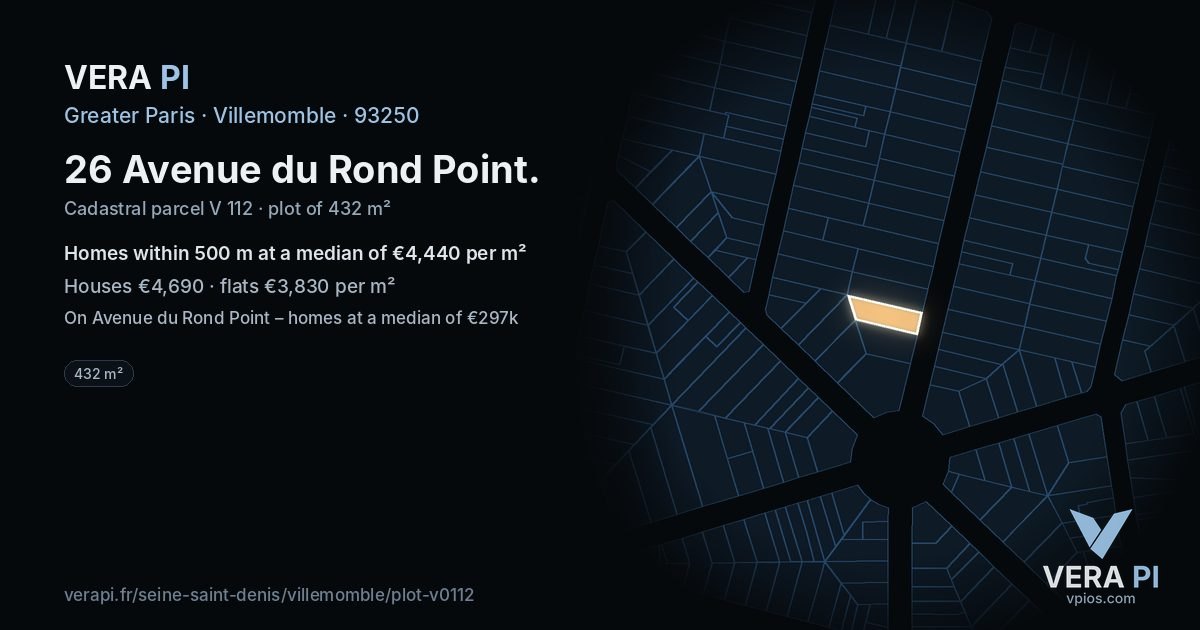 26 Avenue du Rond Point, Villemomble at night – the plot lit, the parcels around coloured by the prices near them