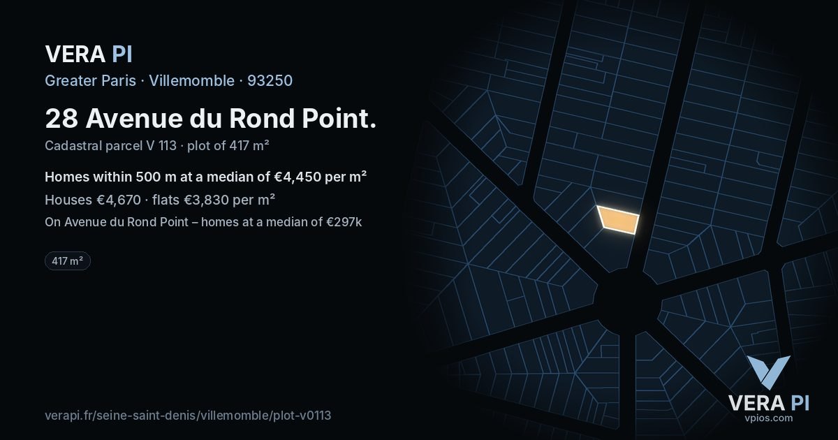 28 Avenue du Rond Point, Villemomble at night – the plot lit, the parcels around coloured by the prices near them
