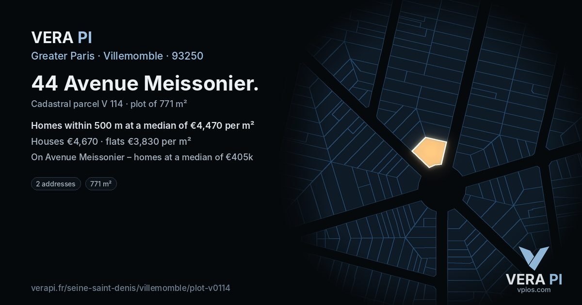 44 Avenue Meissonier, Villemomble at night – the plot lit, the parcels around coloured by the prices near them