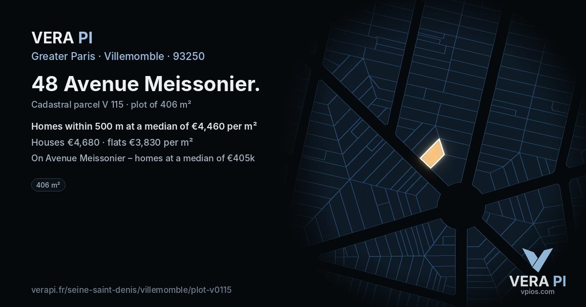 48 Avenue Meissonier, Villemomble at night – the plot lit, the parcels around coloured by the prices near them