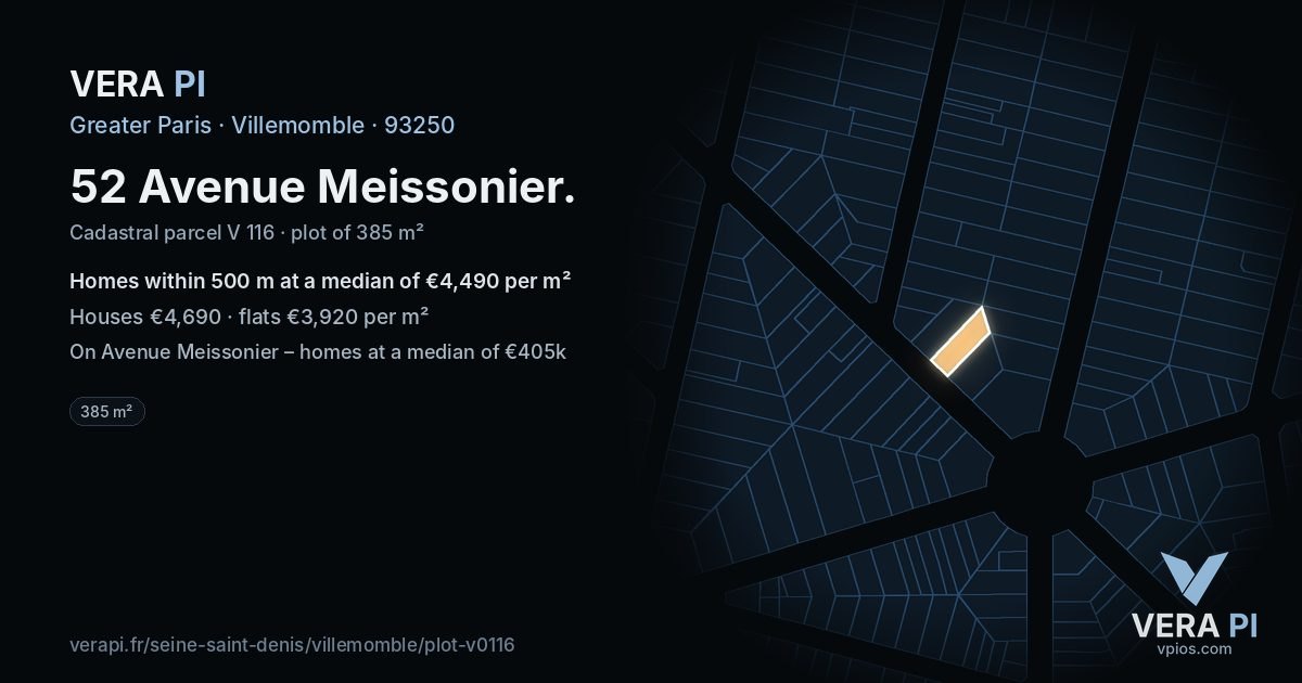 52 Avenue Meissonier, Villemomble at night – the plot lit, the parcels around coloured by the prices near them