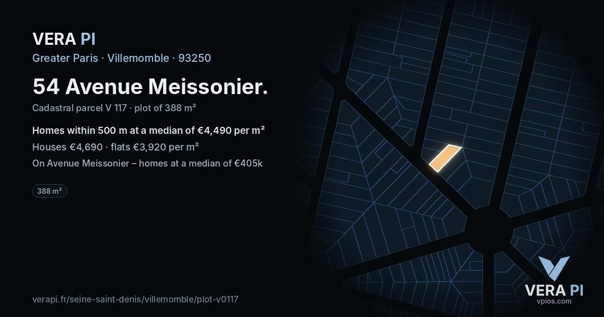 54 Avenue Meissonier, Villemomble at night – the plot lit, the parcels around coloured by the prices near them