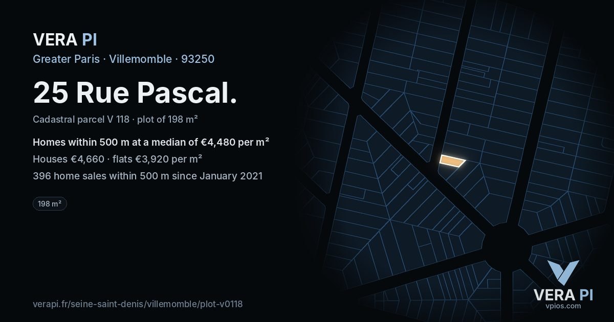 25 Rue Pascal, Villemomble at night – the plot lit, the parcels around coloured by the prices near them