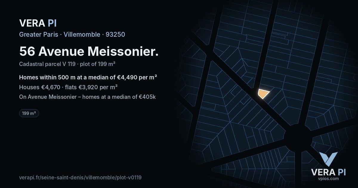56 Avenue Meissonier, Villemomble at night – the plot lit, the parcels around coloured by the prices near them