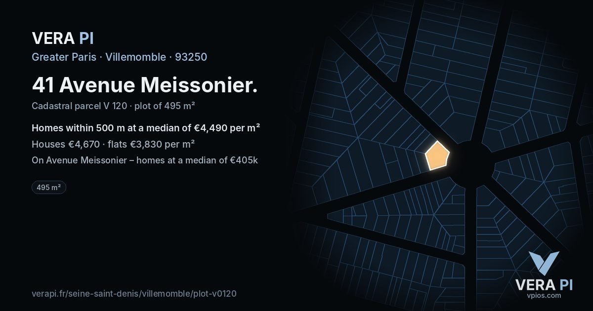 41 Avenue Meissonier, Villemomble at night – the plot lit, the parcels around coloured by the prices near them