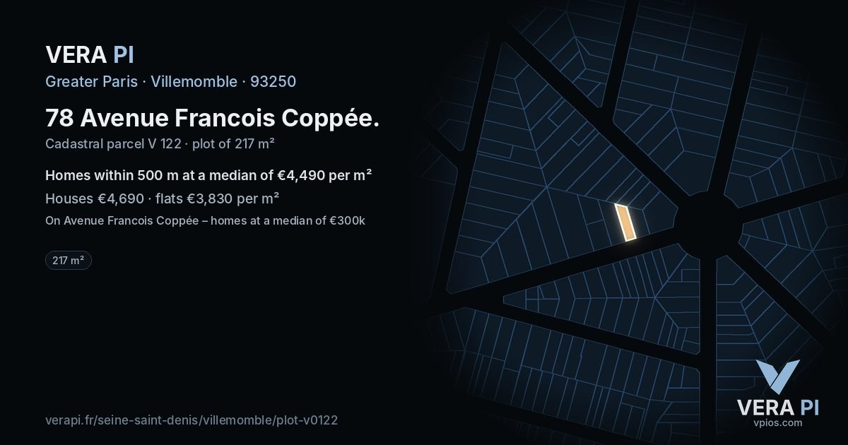 78 Avenue Francois Coppée, Villemomble at night – the plot lit, the parcels around coloured by the prices near them