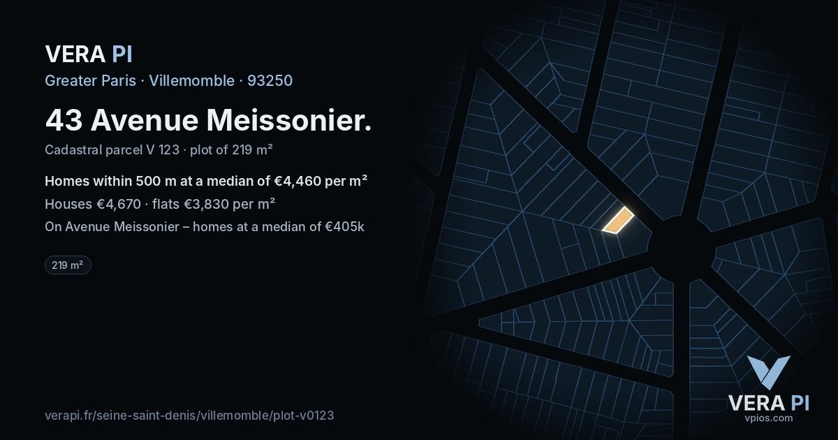 43 Avenue Meissonier, Villemomble at night – the plot lit, the parcels around coloured by the prices near them