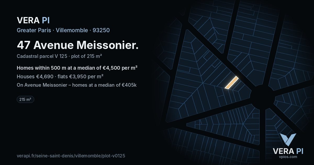 47 Avenue Meissonier, Villemomble at night – the plot lit, the parcels around coloured by the prices near them