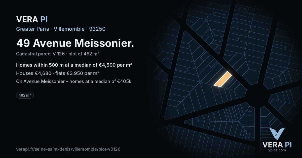 49 Avenue Meissonier, Villemomble at night – the plot lit, the parcels around coloured by the prices near them