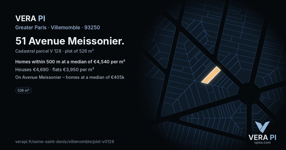 51 Avenue Meissonier, Villemomble at night – the plot lit, the parcels around coloured by the prices near them