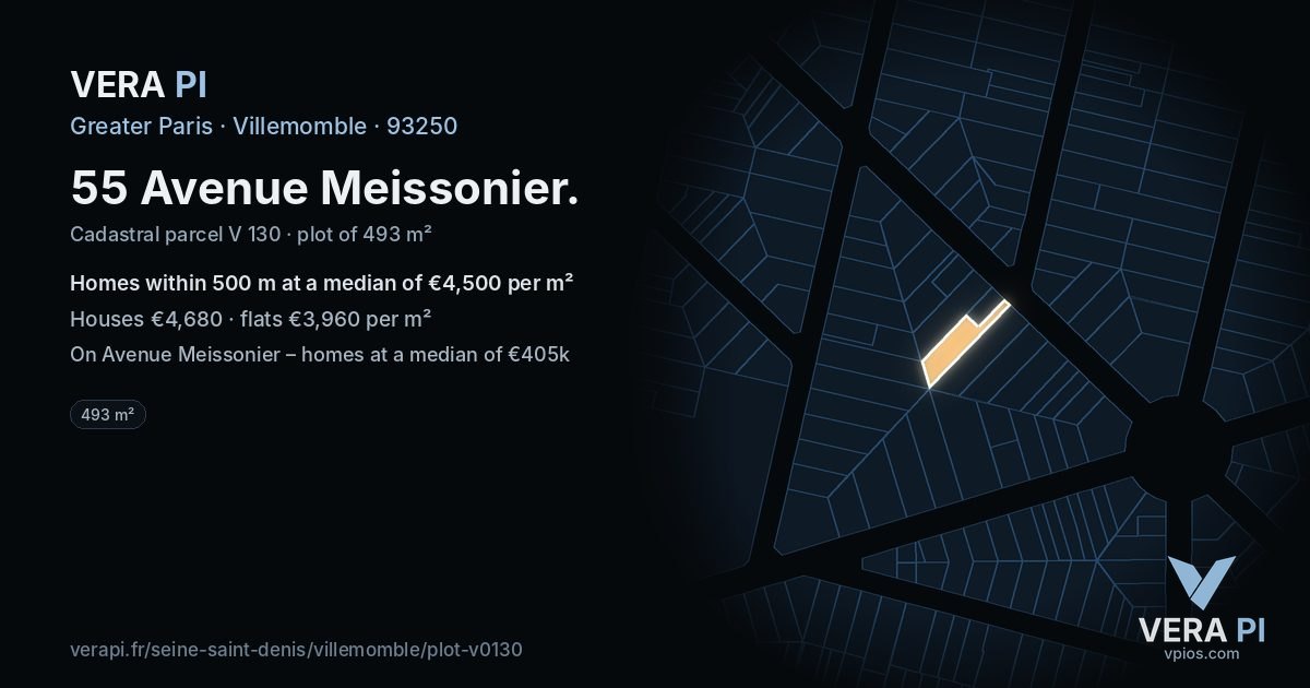 55 Avenue Meissonier, Villemomble at night – the plot lit, the parcels around coloured by the prices near them