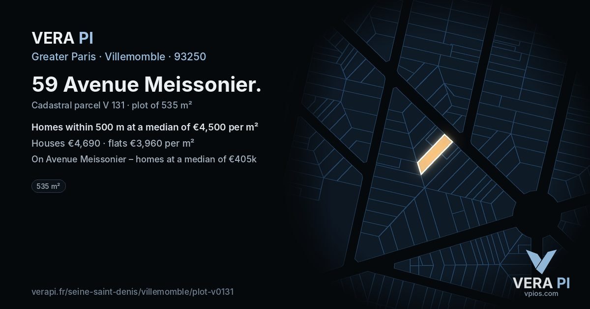 59 Avenue Meissonier, Villemomble at night – the plot lit, the parcels around coloured by the prices near them