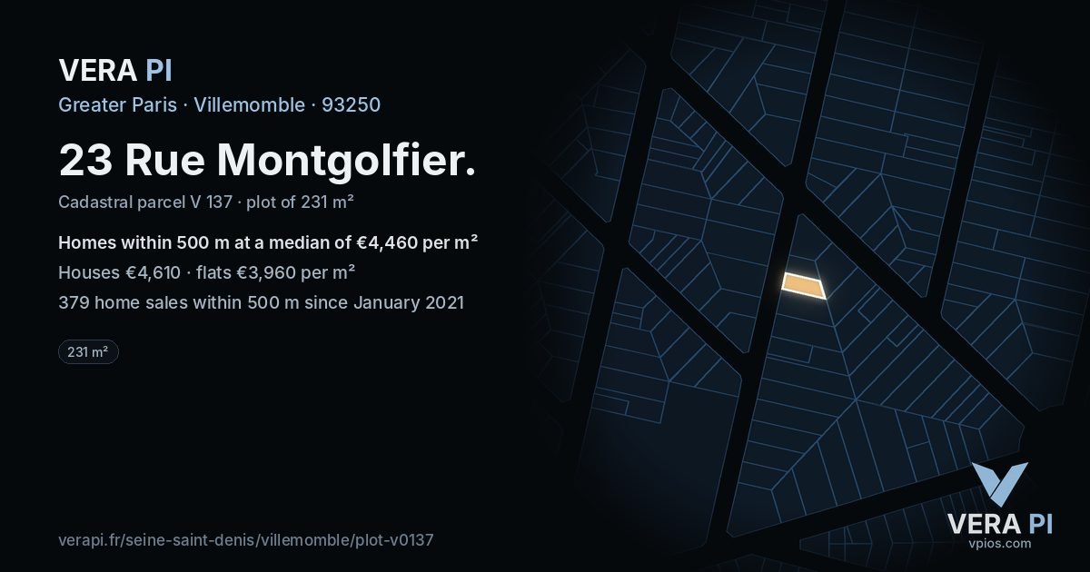23 Rue Montgolfier, Villemomble at night – the plot lit, the parcels around coloured by the prices near them