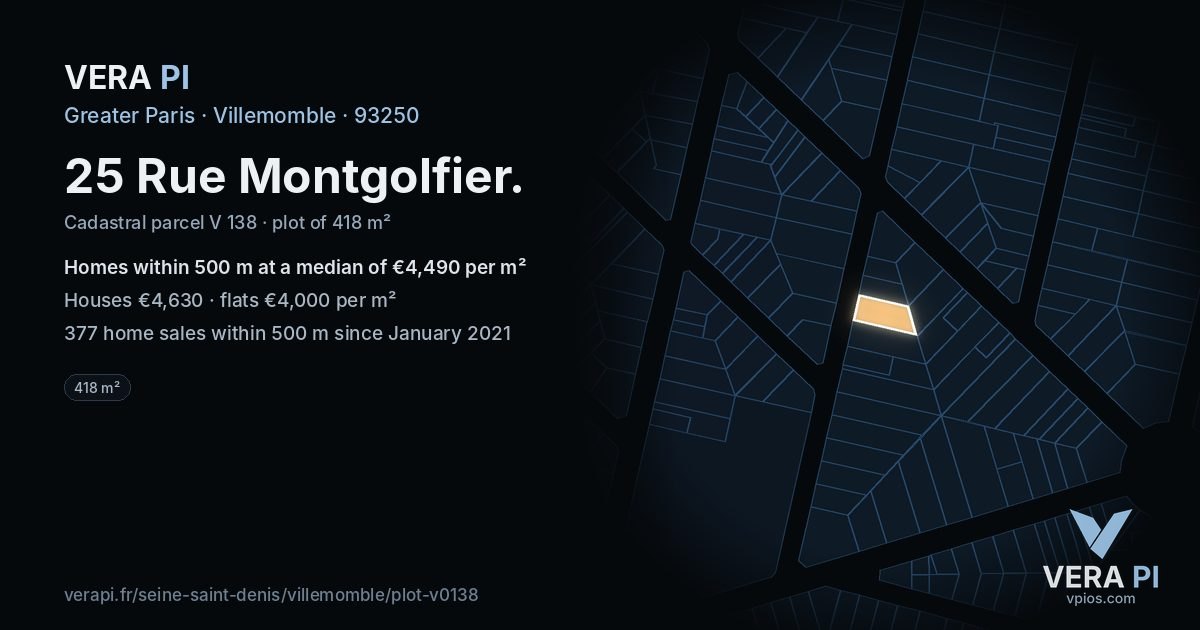 25 Rue Montgolfier, Villemomble at night – the plot lit, the parcels around coloured by the prices near them