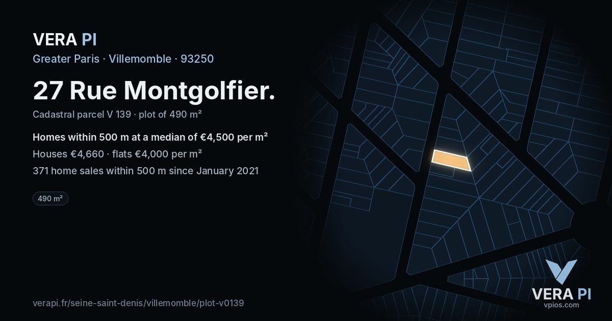 27 Rue Montgolfier, Villemomble at night – the plot lit, the parcels around coloured by the prices near them
