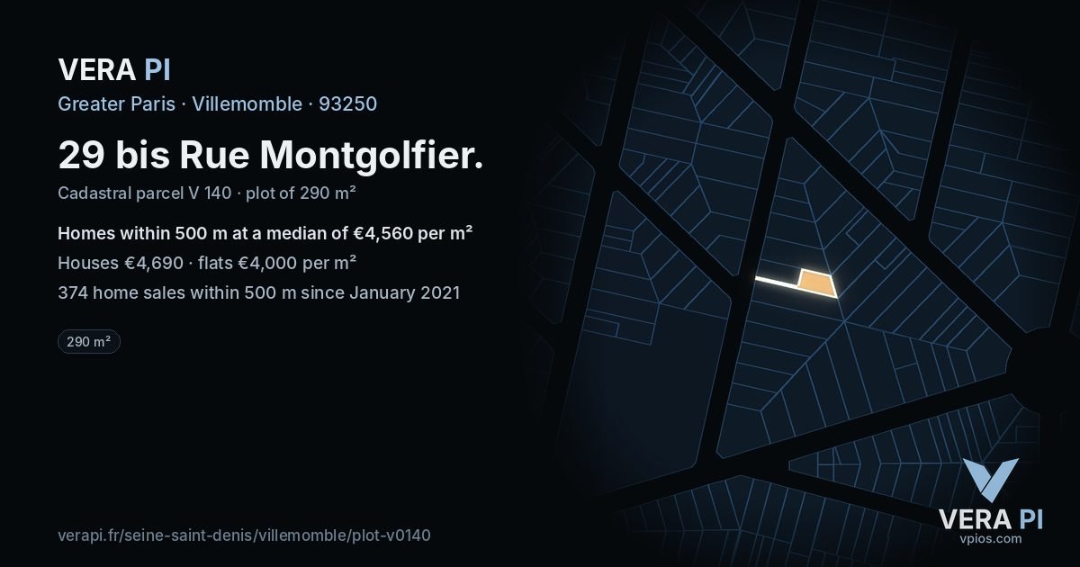 29 bis Rue Montgolfier, Villemomble at night – the plot lit, the parcels around coloured by the prices near them