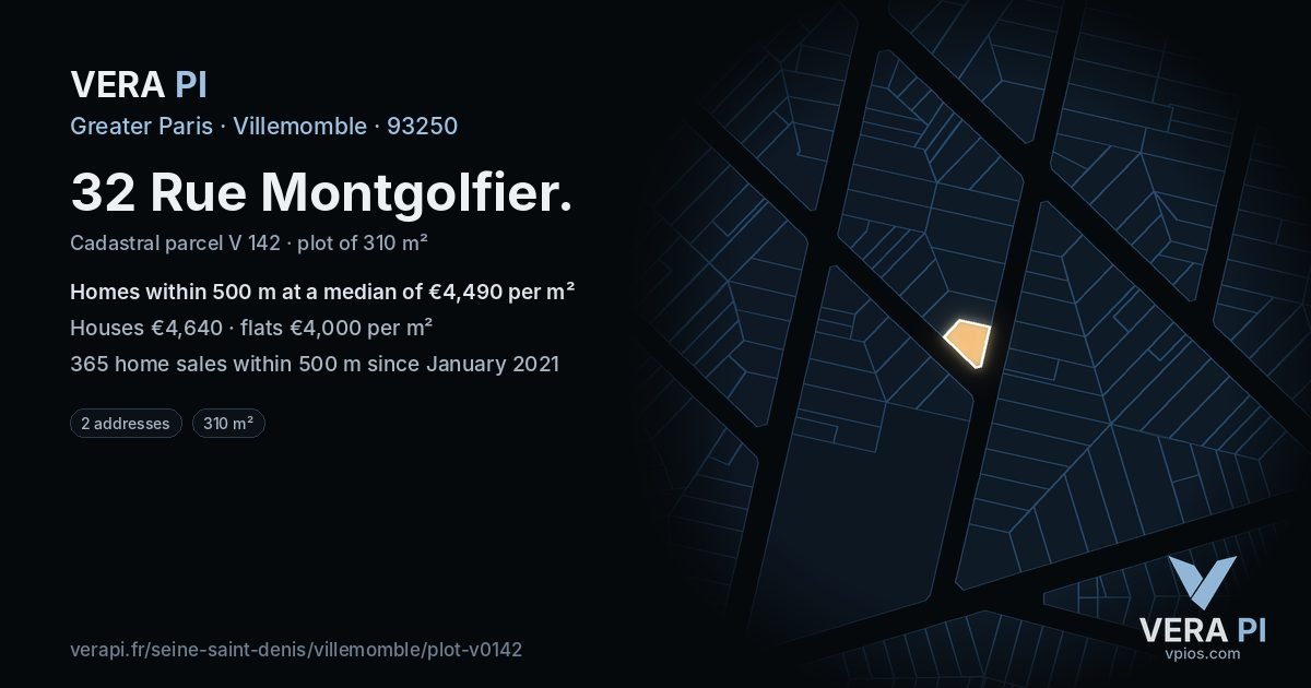 32 Rue Montgolfier, Villemomble at night – the plot lit, the parcels around coloured by the prices near them