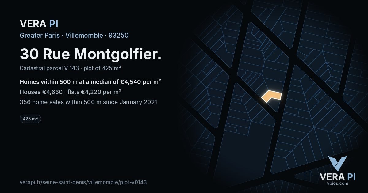 30 Rue Montgolfier, Villemomble at night – the plot lit, the parcels around coloured by the prices near them
