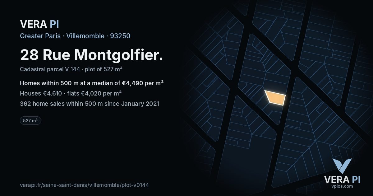 28 Rue Montgolfier, Villemomble at night – the plot lit, the parcels around coloured by the prices near them