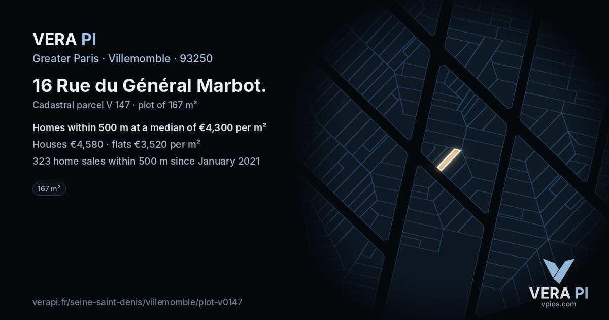 16 Rue du Général Marbot, Villemomble at night – the plot lit, the parcels around coloured by the prices near them