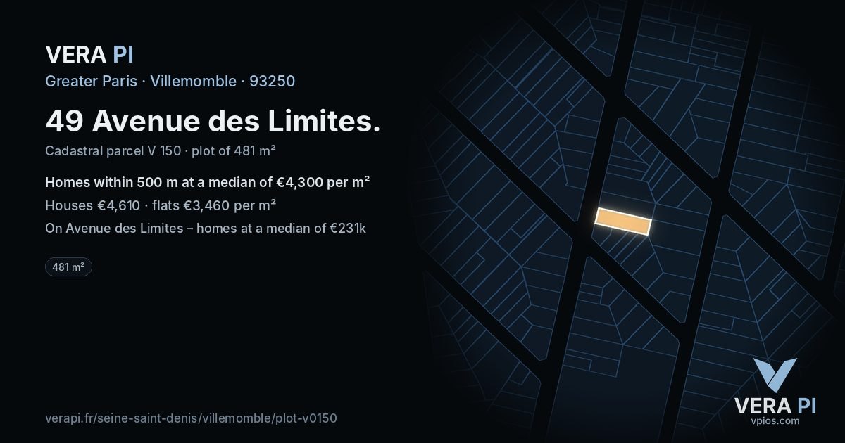 49 Avenue des Limites, Villemomble at night – the plot lit, the parcels around coloured by the prices near them