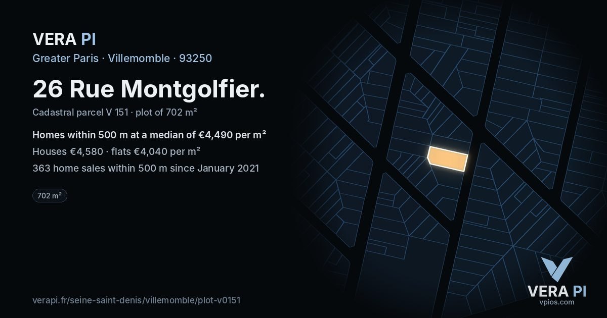 26 Rue Montgolfier, Villemomble at night – the plot lit, the parcels around coloured by the prices near them