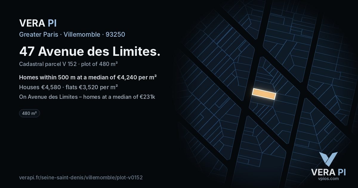 47 Avenue des Limites, Villemomble at night – the plot lit, the parcels around coloured by the prices near them