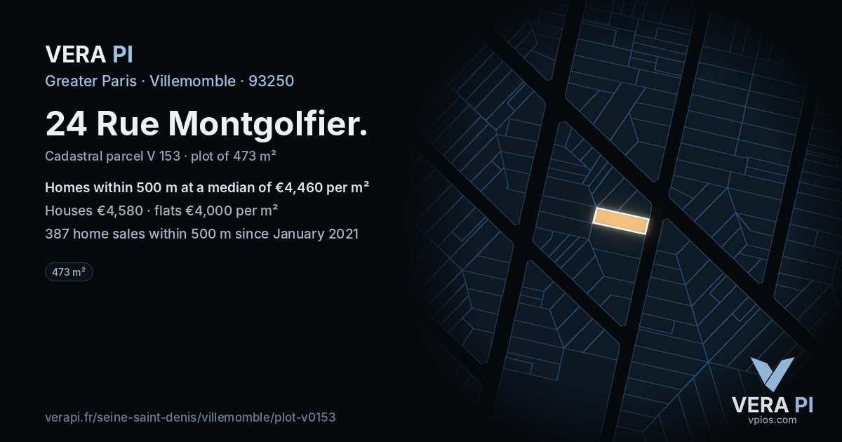 24 Rue Montgolfier, Villemomble at night – the plot lit, the parcels around coloured by the prices near them