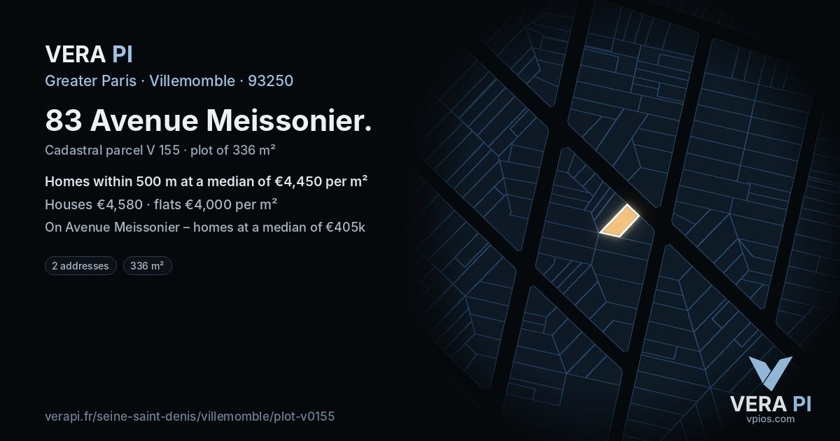 83 Avenue Meissonier, Villemomble at night – the plot lit, the parcels around coloured by the prices near them