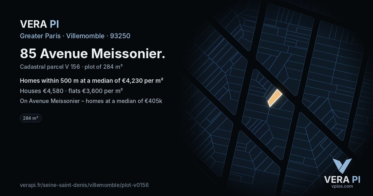 85 Avenue Meissonier, Villemomble at night – the plot lit, the parcels around coloured by the prices near them