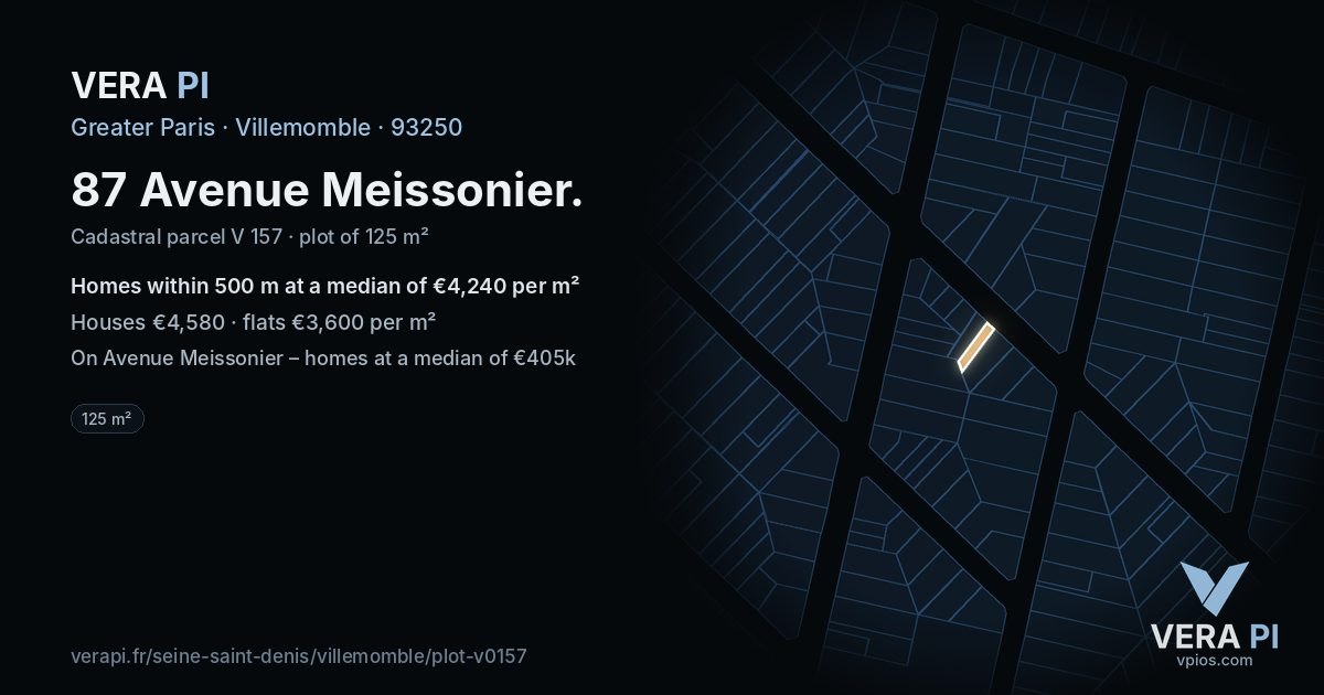 87 Avenue Meissonier, Villemomble at night – the plot lit, the parcels around coloured by the prices near them
