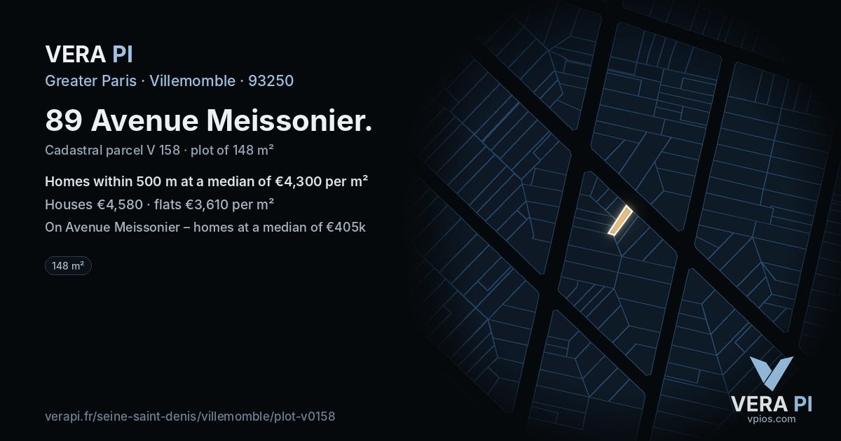 89 Avenue Meissonier, Villemomble at night – the plot lit, the parcels around coloured by the prices near them