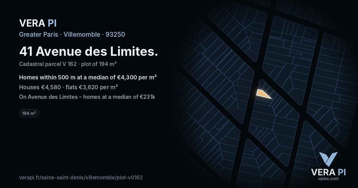 41 Avenue des Limites, Villemomble at night – the plot lit, the parcels around coloured by the prices near them