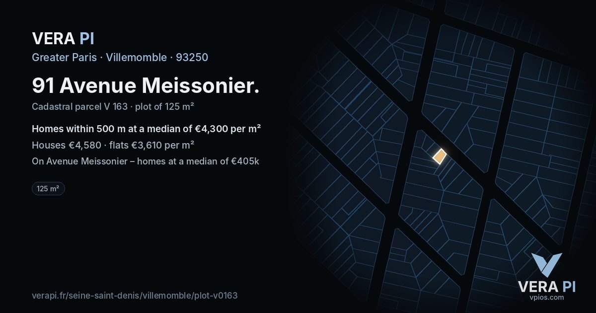 91 Avenue Meissonier, Villemomble at night – the plot lit, the parcels around coloured by the prices near them