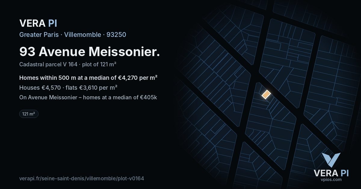 93 Avenue Meissonier, Villemomble at night – the plot lit, the parcels around coloured by the prices near them