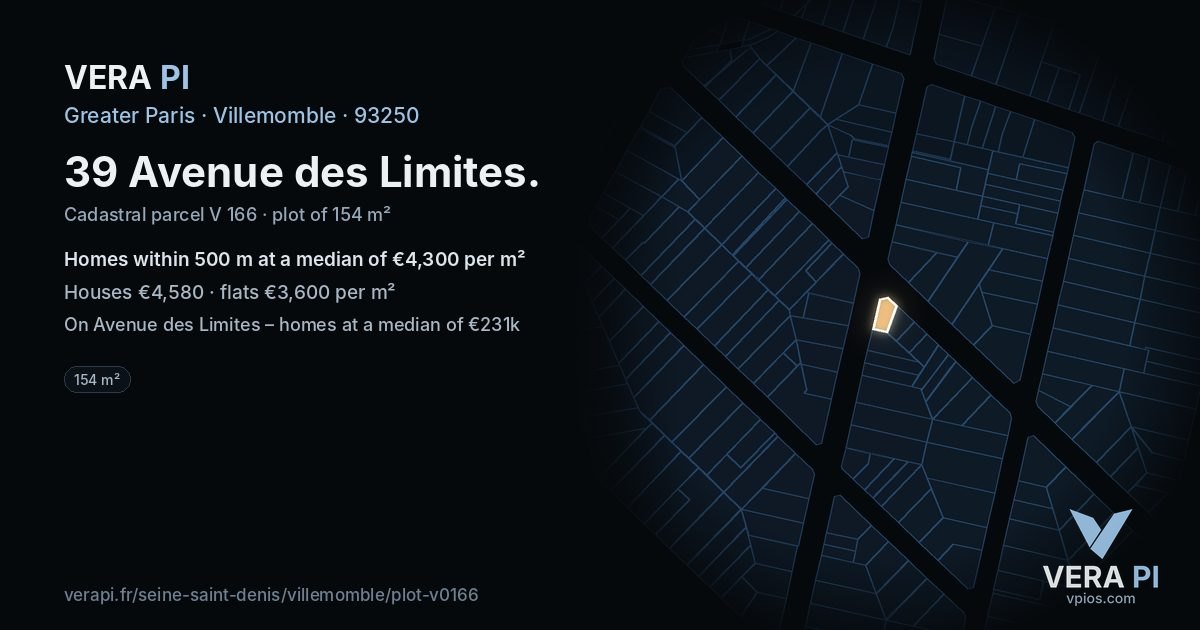 39 Avenue des Limites, Villemomble at night – the plot lit, the parcels around coloured by the prices near them