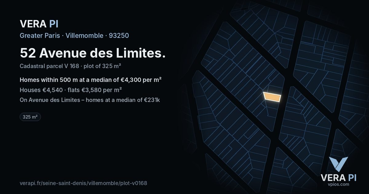 52 Avenue des Limites, Villemomble at night – the plot lit, the parcels around coloured by the prices near them