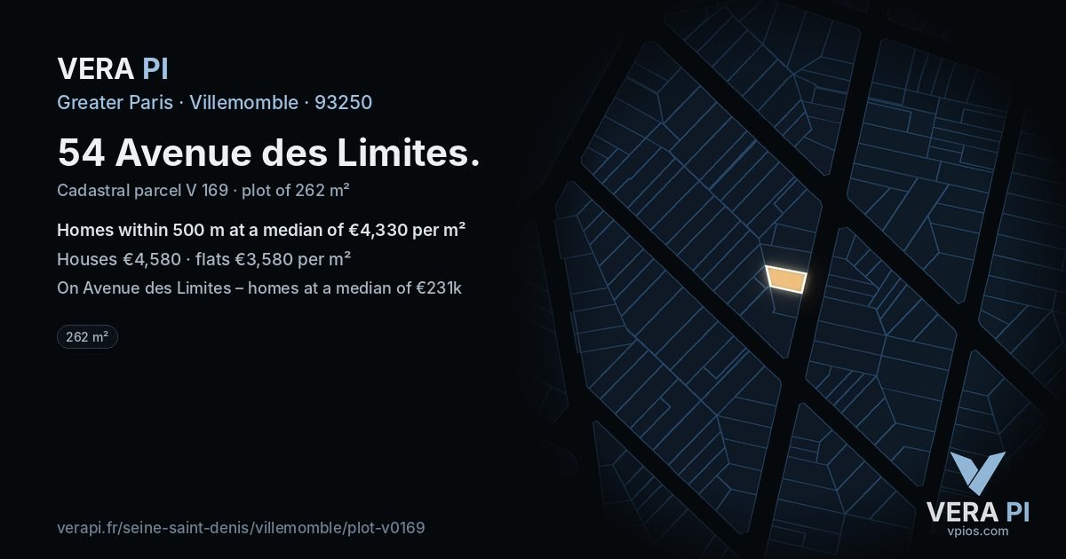 54 Avenue des Limites, Villemomble at night – the plot lit, the parcels around coloured by the prices near them