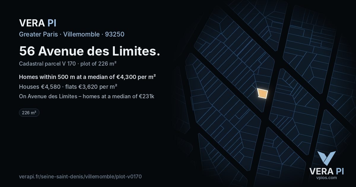 56 Avenue des Limites, Villemomble at night – the plot lit, the parcels around coloured by the prices near them