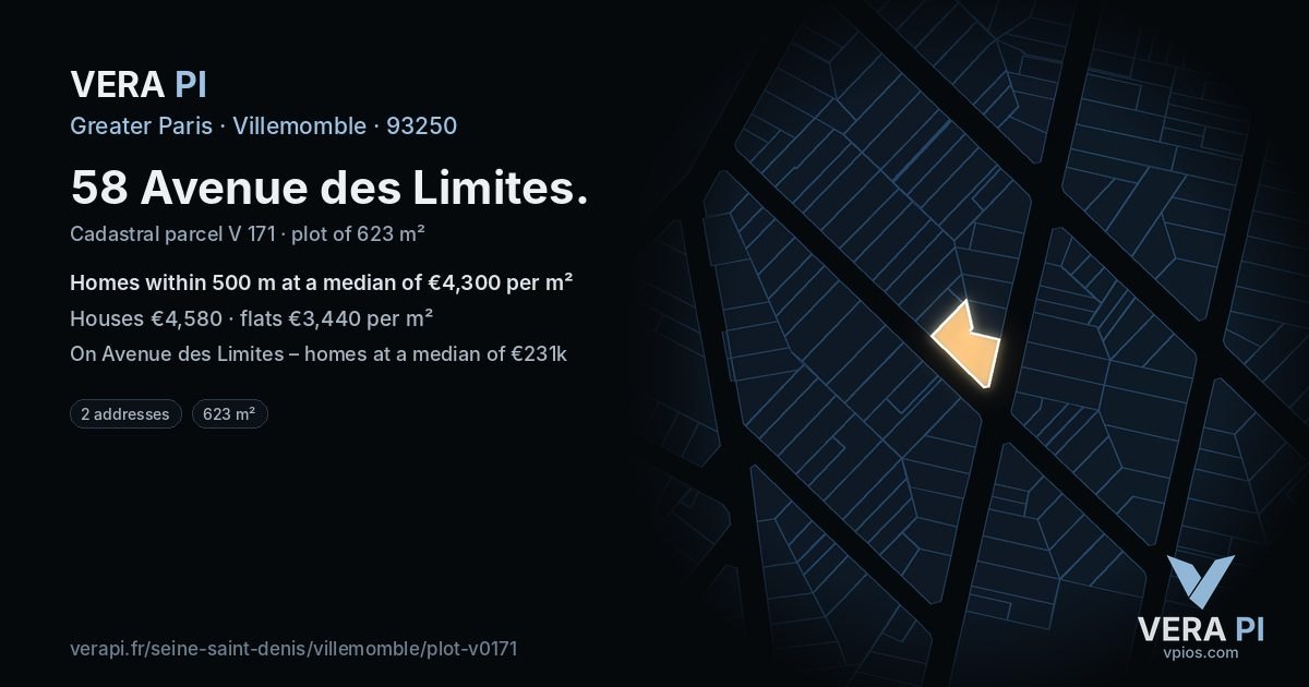 58 Avenue des Limites, Villemomble at night – the plot lit, the parcels around coloured by the prices near them