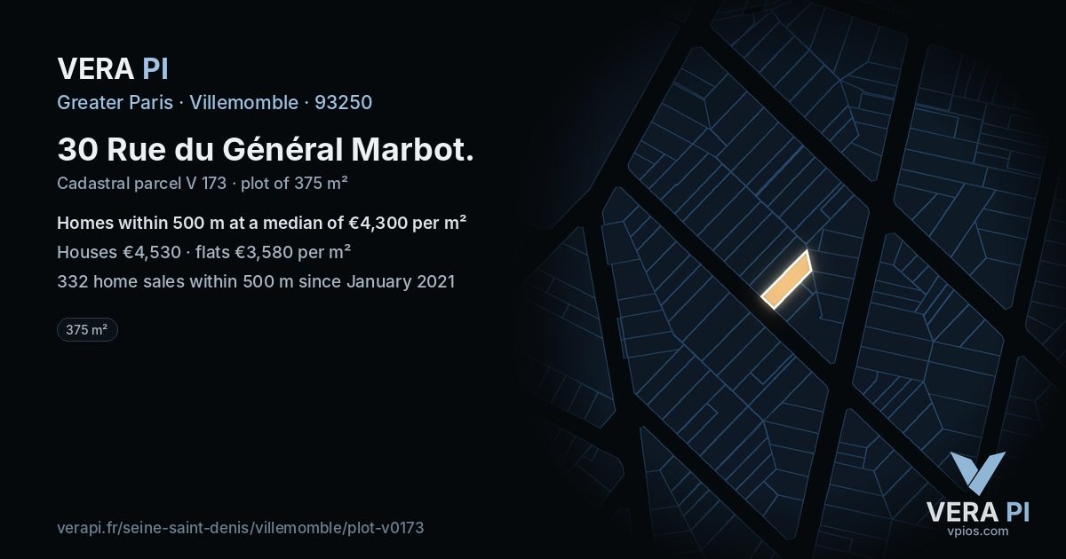 30 Rue du Général Marbot, Villemomble at night – the plot lit, the parcels around coloured by the prices near them
