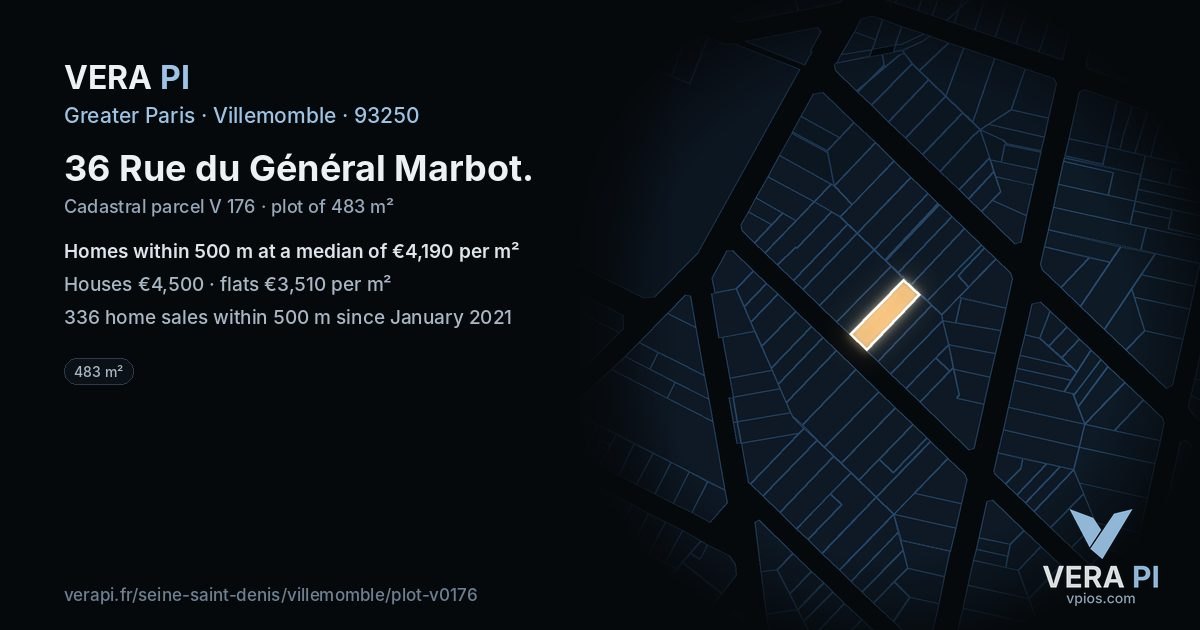 36 Rue du Général Marbot, Villemomble at night – the plot lit, the parcels around coloured by the prices near them