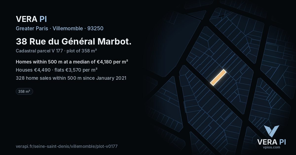 38 Rue du Général Marbot, Villemomble at night – the plot lit, the parcels around coloured by the prices near them