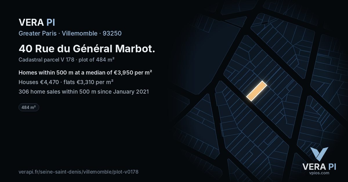 40 Rue du Général Marbot, Villemomble at night – the plot lit, the parcels around coloured by the prices near them