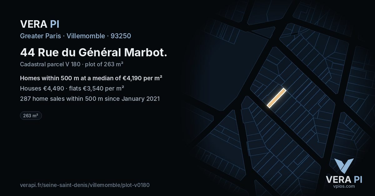 44 Rue du Général Marbot, Villemomble at night – the plot lit, the parcels around coloured by the prices near them