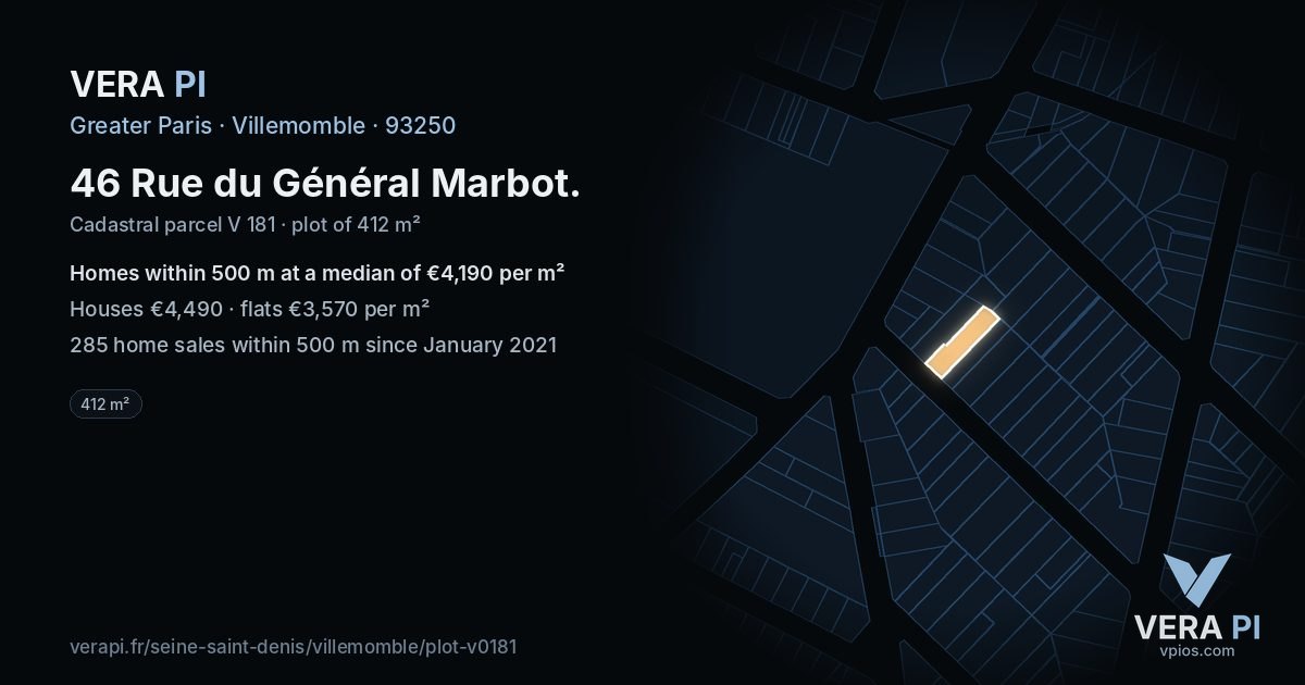 46 Rue du Général Marbot, Villemomble at night – the plot lit, the parcels around coloured by the prices near them