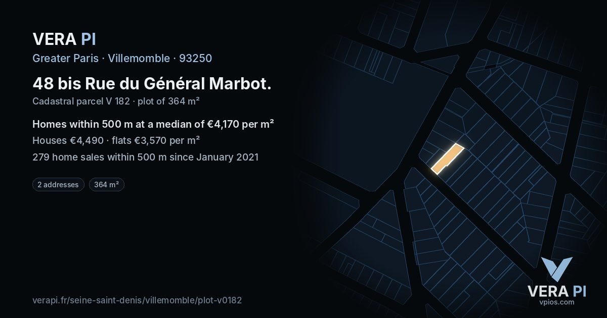 48 bis Rue du Général Marbot, Villemomble at night – the plot lit, the parcels around coloured by the prices near them