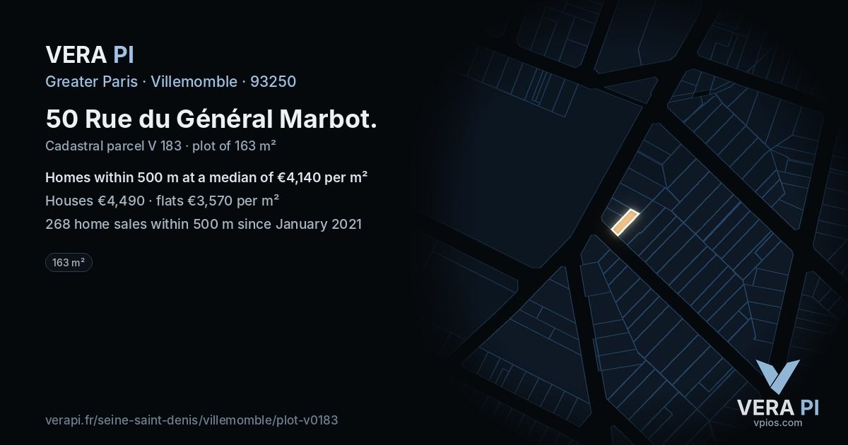 50 Rue du Général Marbot, Villemomble at night – the plot lit, the parcels around coloured by the prices near them