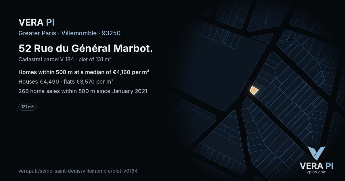 52 Rue du Général Marbot, Villemomble at night – the plot lit, the parcels around coloured by the prices near them
