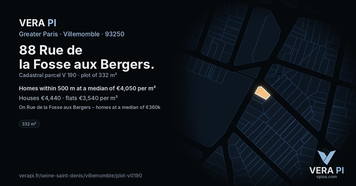 88 Rue de la Fosse aux Bergers, Villemomble at night – the plot lit, the parcels around coloured by the prices near them
